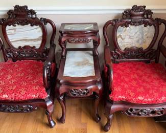 Intricately Carved Chairs and Side Table, Wood with Marble Insets #1
