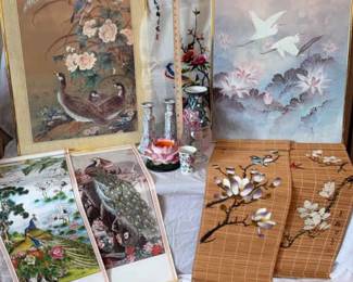 Vintage Chinese Wall Scrolls And Lotus Art