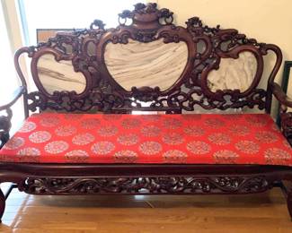 006 Vintage Chinese Carved Rosewood and Marble Settee