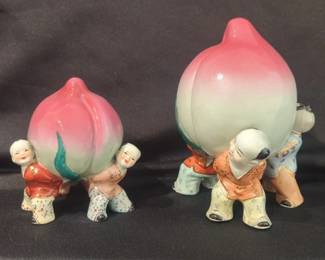 Two Children Carrying Shou Tao Peach Peach Of Longevity Figurines.