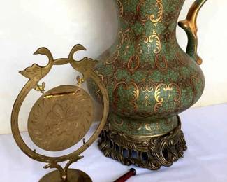 Green Gold Pitcher With Metal Base And Brass Gong