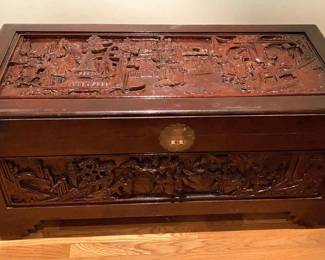 005 Large Carved Oriental Camphor Wood Chest