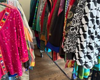 Lots and lots of women’s clothes, larger sizes, mostly 16-20 with some 12-14, some vintage clothing, lots of clothes from Asia, South America, Mexico, Africa and the Middle East, many bought on their myriad of travels, many are new with tags (never worn, at one point they were thinking of opening a store with imported ethnic and tribal clothing and purchased a lot of stock but never opened the store). There are 5 packed rails plus a huge walk in closet full of clothes.