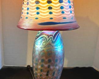 Art Deco Iridescent Glass Lamp Signed