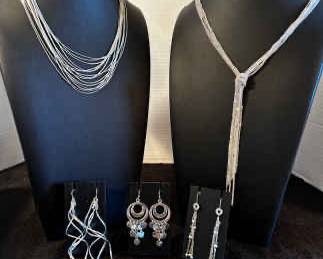 2 Silvertone Express Necklaces 4 Pr. Pierced Earrings