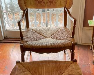 French chair and ottoman with rush seats