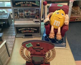 Slot machine, M & M  machine, wooden year long calendar