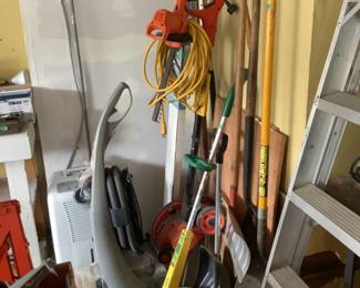 Long handled tools, ladders, vacuum, garden tools