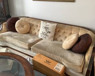 Vintage sofa…gold velvet with wood trim.  86” l x 36” d x 27” h.  Presale $70.  With love seat…$100 for both.