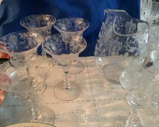 Antique Cambridge pitcher and different sizes of stemware