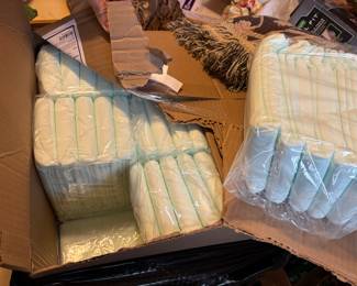 There are boxes and boxes of these bed pads. There are also tons of diapers for men. L-XL size. Lots of medical supplies for catheters. There maybe some ladies diapers and feminine products unless the cleaners toss them.