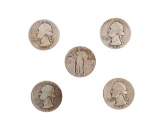 Lot of Five Pre 1964 Quarters