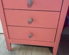 gorgeous pink nightstand with fun new knobs