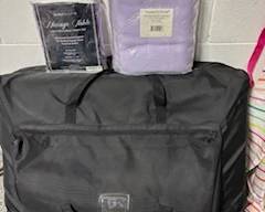 Brand new portable OakWood massage table and sheets with carrying case, bolster, arm sling, and wedge pillow