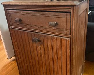 Antique potato bin with bead board & one drawer, cast medal pulls