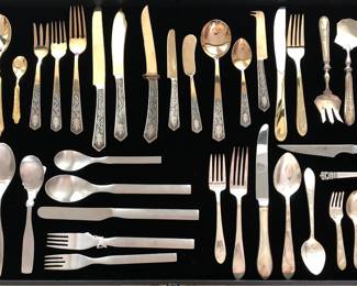 Assorted Flatware Sets, Including Gold Plated, Mid-Century Modern (only 1 place setting of those two patterns) and small Sterling Serving Pieces and Baby Sets