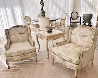 Pair of Ample Louis XV-Style White Gilt Armchairs with a Marble-Top Gilt Shell Side Table