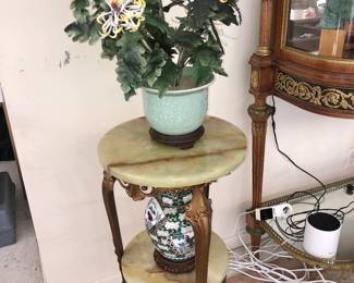 Victorian Marble Pant Stand w/ Large Glass "Jade" Tree; Lidded Spice Jar