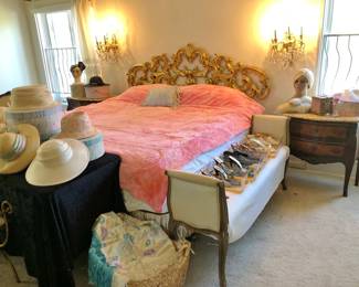 "Liberace" Hollywood Regency-Style Giltwood Headboard; "Jayne Mansfield" Pink Fleece Bedcover; pair of Inlaid Marble Top Side Tables, and LOTS of Ladies' Designer Clothes!