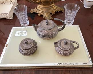 Deco Monogrammed Glass Placemats; Vintage Silverplate Tea Set; Set of 8 Cut Crystal Tumblers