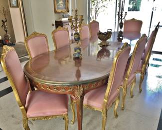 Huge Banded Formal Dining Table w/ Ormolu Mounts; Set 12 Gilt Dining Chairs