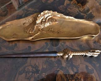 Art Nouveau Gilt Bronze Pen Tray signed Albert Marionnete;  Silver Gilt Letter Opener