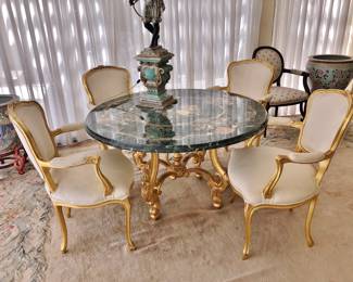 Pietra Dura Marble Dining / Game Table with Four Louis XV-Style Giltwood Fauteuils; 4 Large  Chinese Planters on Stands