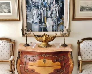 Pair of Antique French Chests; Very Cool Large Mid-Century Painting; Antique Gilt Center Bowl