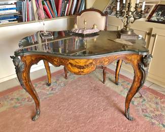 Gorgeous Antique Inlaid Rococo Writing Table w/ Gilt Mounts, Beveled Glass Top