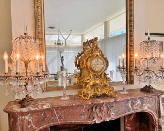 Late 19th. C. French Gilt Mantel Clock; Pair of Gilt Crystal Electric Girandoles; Pair Crystal Candelsticks