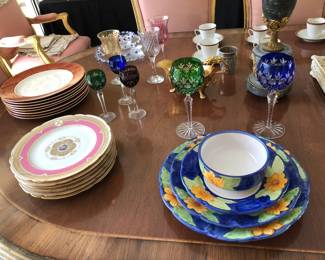 Full Service Italian Set for 8; Pink Gold-Rim Dessert Dishes; Large Set of Multi-Color Cut Crystal Goblets (at least 12) etc.