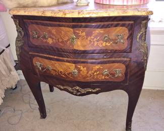 Pair of French Inlaid Marble-Top Night Stands
