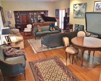 Pair of French Louis XV-Style Sofas and another pair of Louis XV-Style Canapes; Bronze Mounted Round Dining Table; Pair of Louis XV-Style Side Chairs and Armchairs, etc.
