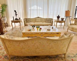 Pair of Louis XV-Style Canapes flanking a huge oversize Marble Coffee Table with Giltwood Legs; Pair of Louis XV-Style Marble-Top Side Tables