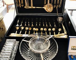 Gole plated Dinner Service; Cut Crystal Lidded Butter Dish & Caviar Server; SP Tongs