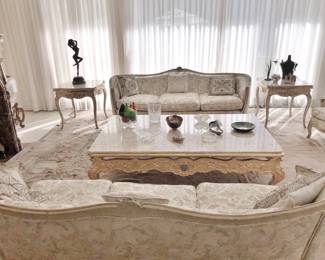 Pair of Louis XV-Style Canapes flanking a huge oversize Marble Coffee Table with Giltwood Legs; Pair of Louis XV-Style Marble-Top Side Tables