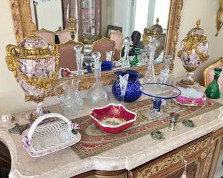 Pair, Impressive Marble Urns w/ Ormolu Mounts; Crystal Decanters; Silver Overlay Green Decanter, etc.