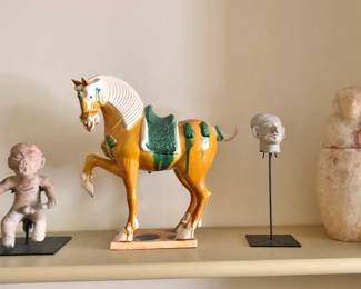 Two Pre-Columbian Pieces on Stands; Chinese Sancai War Horse (Replica?)  Ancient Egyptian Alabaster Canopic Jar