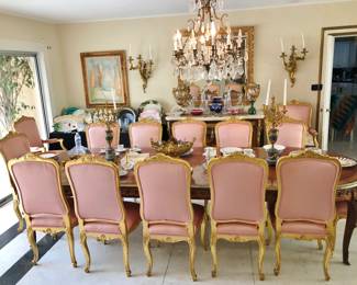 Huge Banded Formal Dining Table w/ Ormolu Mounts; Set 12 Gilt Dining Chairs