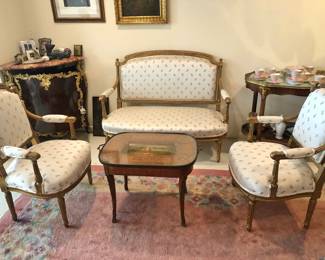 Antique Louis XVI-Style Gilt Salon Suite (we have 5 of these armchairs) on a Vintage Sculpted Chinese Wool Rug; Antique French Corner Cabinet w/ Ormolu Mounts, Marble Top