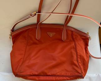 PRADA ORANGE NYLON & LEATHER HANDBAG