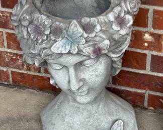 Charming Gray Stone Bust Planter with Floral and Butterfly Design