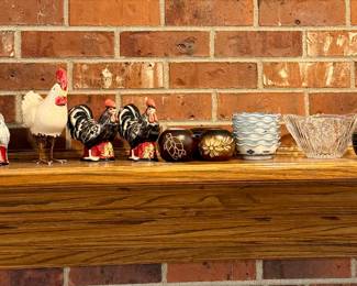  Decorative Ceramic Roosters and Glass Dog Figurine, More