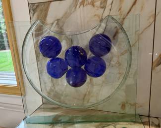 Art Glass Decorative Sculpture with Blue Orbs