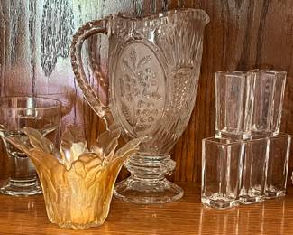 Vintage Crystal Glassware Set with Decorative Pitcher and Elegant Flower Votive