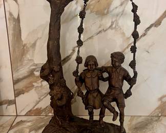 Vintage Bronze Sculpture of Two Children on a Swing