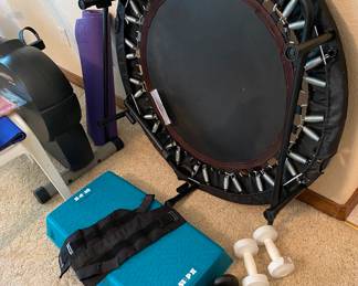 Exercise equipment and single trampoline.