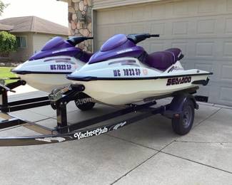 Pair of 2003 GTI Sea Doo Personal Watercraft with Yacht Club 2 Place Trailer, both run, immaculate
