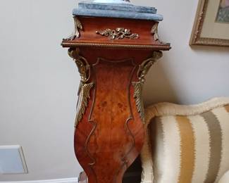 Pair of King Louis french inlaid marble top columns.