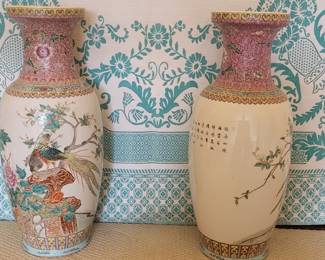 Giant chinese porcelain vases with calligraphy.
